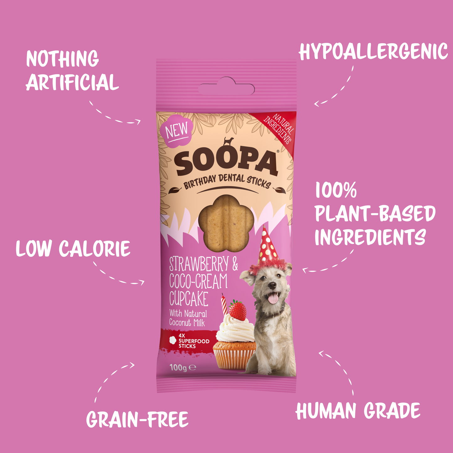 Hundesnacks mit Erdbeer &  Kokos-Creme Geschmack – Zahnpflegesticks