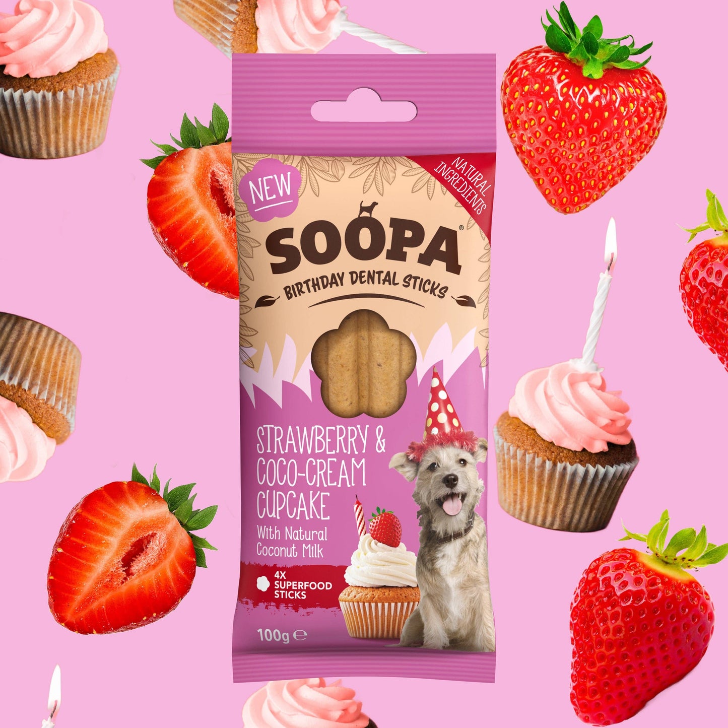 Hundesnacks mit Erdbeer &  Kokos-Creme Geschmack – Zahnpflegesticks