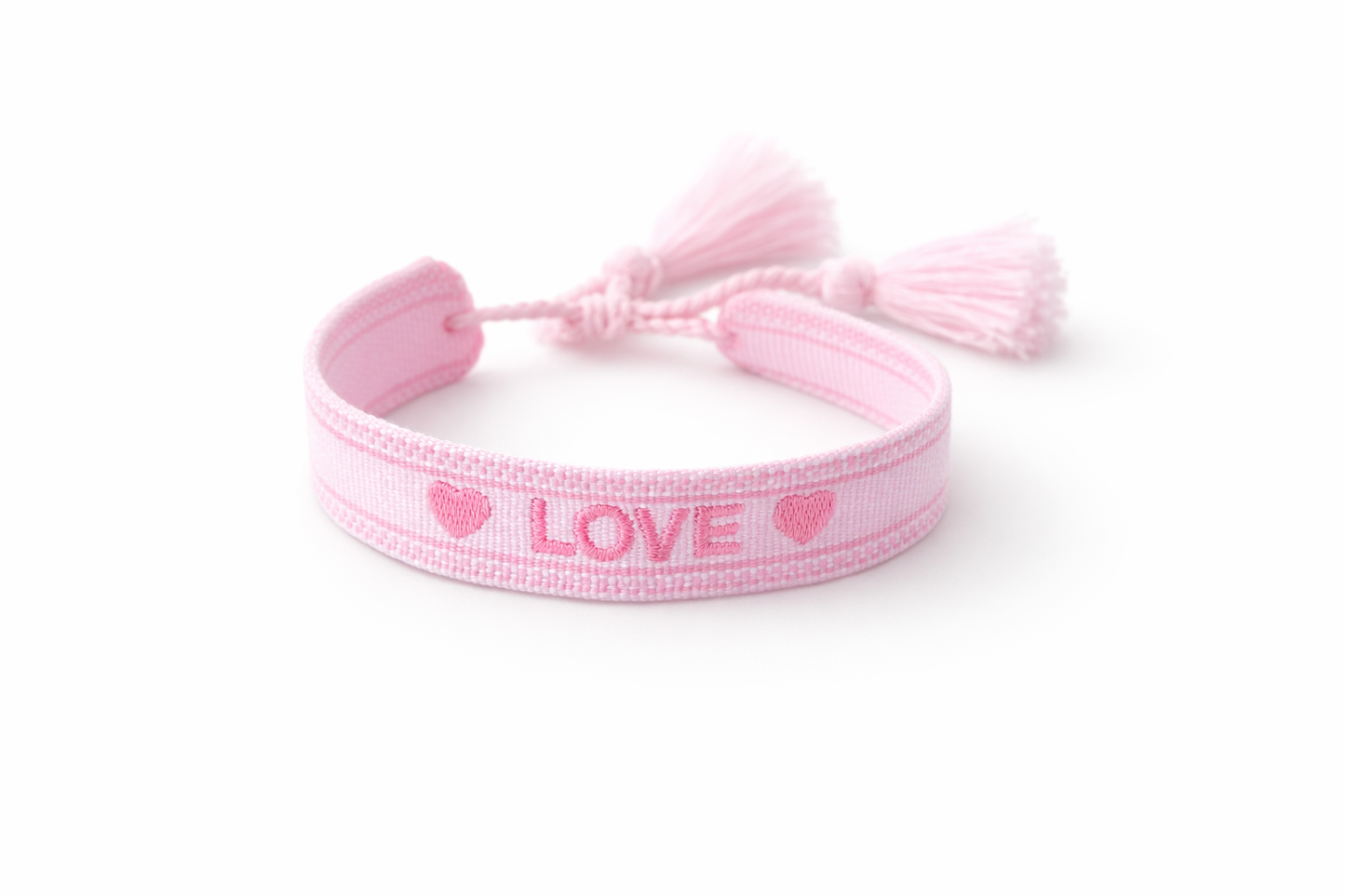 Rosa Stoffarmband „LOVE“  mit Herzmotiven