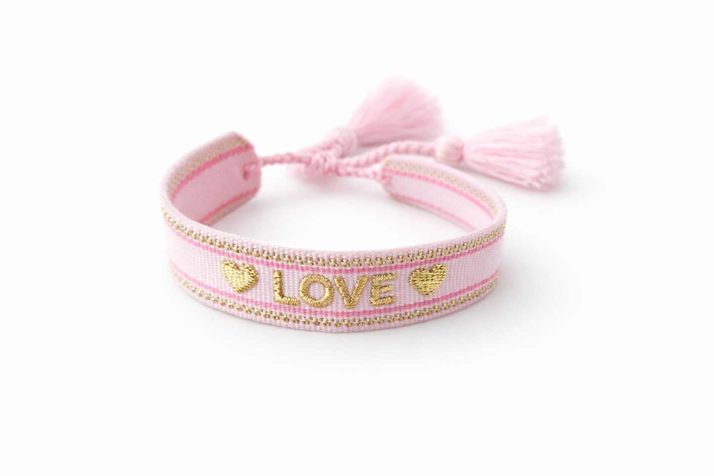 Rosa Stoffarmband „LOVE“ mit Herzmotiven